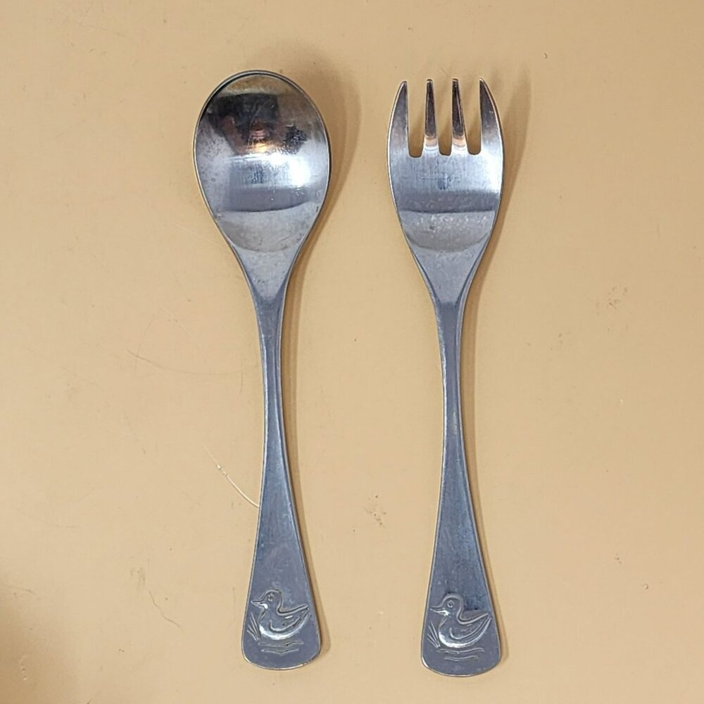 Vintage Selandia  Japan Stainless Steel Childs Fork & Spoon Set With Duck Design